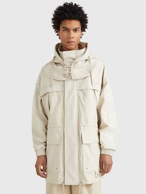 Beige Tommy Hilfiger Crest Leather Camo Jacquard Parka Men's Jackets | TH681EOM