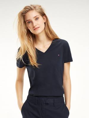 Blue Tommy Hilfiger Heritage V-Neck Women's T Shirts | TH165UJM
