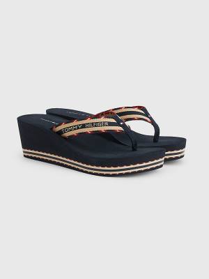 Blue Tommy Hilfiger Logo Webbing High Wedge Flip-Flops Women's Sandals | TH306KUB
