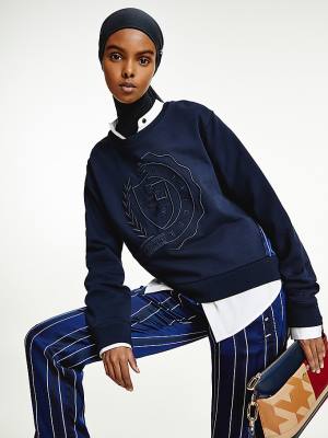 Blue Tommy Hilfiger Tommy Icons Logo Embroidery Women's Sweatshirts | TH083SUN