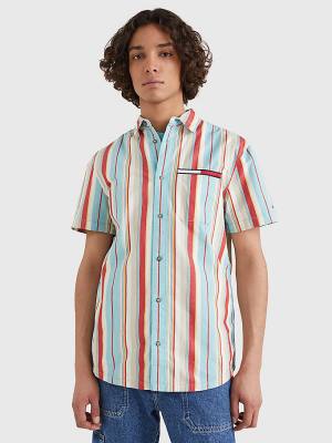 Blue Tommy Hilfiger Washed Stripe Short Sleeve Men's Shirts | TH290RST