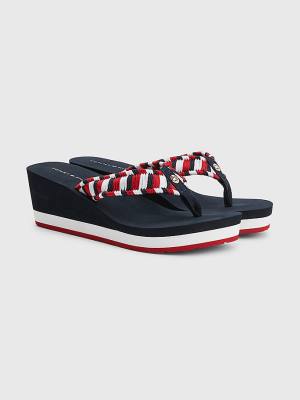 Blue Tommy Hilfiger Woven Webbing Wedge Flip-Flops Women's Sandals | TH639GST