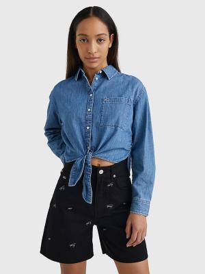 Denim Tommy Hilfiger Front-Tie Denim Chambray Women's Shirts | TH617EJR