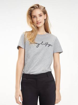 Grey Tommy Hilfiger Heritage Crew Neck Logo Women's T Shirts | TH476MQK