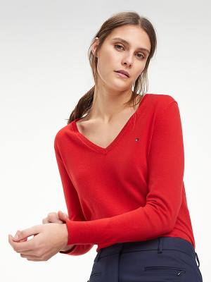 Red Tommy Hilfiger Heritage V-Neck Jumper Women's Sweaters | TH468AUJ