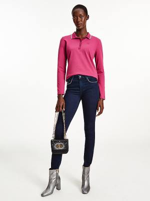 Red Tommy Hilfiger Long Sleeve Metallic Trim Women's Polo Shirts | TH246QCI