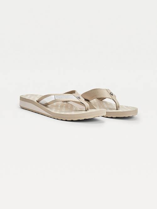 Beige Tommy Hilfiger Flag Plaque Mid-Wedge Flip-Flop Women\'s Sandals | TH857OEC
