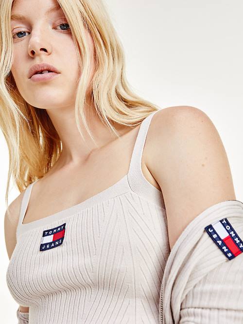 Beige Tommy Hilfiger Super Cropped Badge Ribbed Cami Women's Sweaters | TH380CYZ