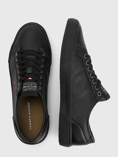 Black Tommy Hilfiger Essential Signature Leather Men's Sneakers | TH670TDZ