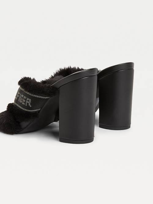 Black Tommy Hilfiger Faux Fur Logo Tape Women's Sandals | TH250SVD
