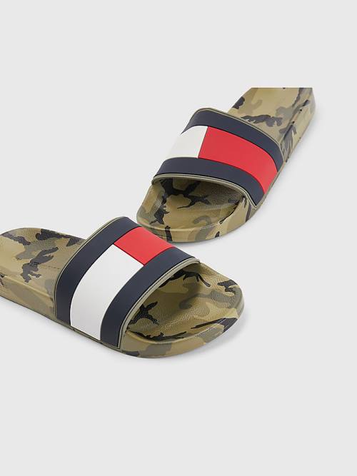 Blue Tommy Hilfiger Camo Print Flag Pool Slides Men's Sandals | TH629VSO