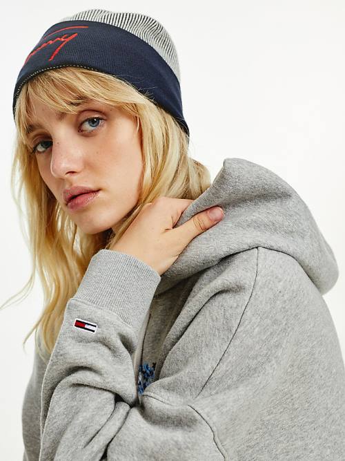 Blue Tommy Hilfiger Contrast Rim Signature Beanie Women's Hats | TH109IYD