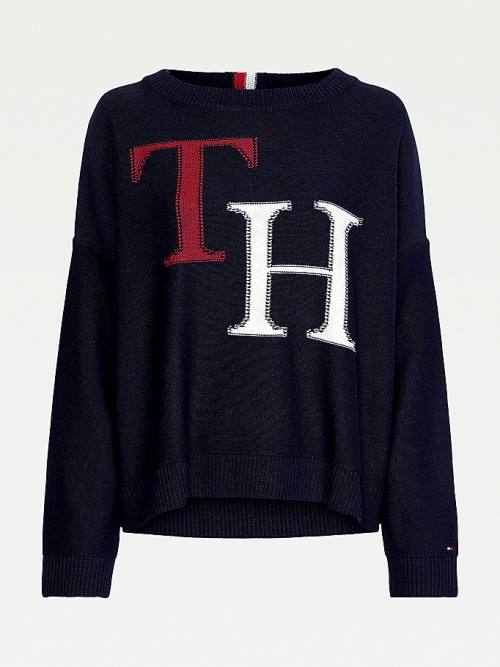 Blue Tommy Hilfiger Monogram Knit Round Neck Jumper Women's Sweaters | TH834ORV