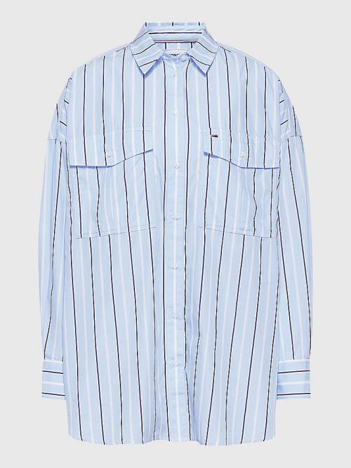 Blue Tommy Hilfiger Organic Cotton Oversized Stripe Women's Shirts | TH649QBY