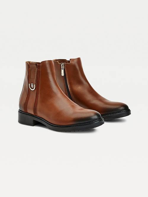 Brown Tommy Hilfiger Monogram Plaque Flat Leather Ankle Women\'s Boots | TH013DQV