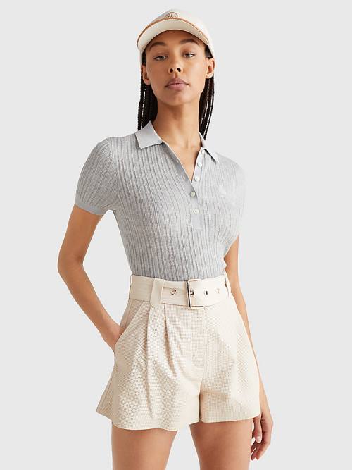 Grey Tommy Hilfiger Prep Pointelle Slim Fit Crest Women\'s Polo Shirts | TH841WMS