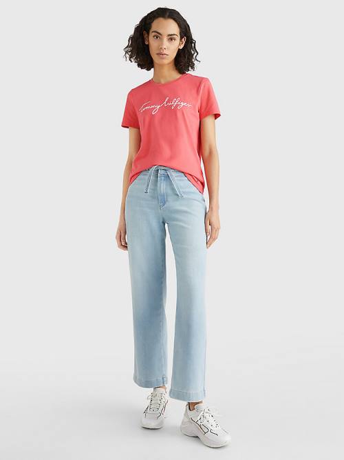 Red Tommy Hilfiger Crew Neck Graphic Signature Logo Women's T Shirts | TH568OEQ