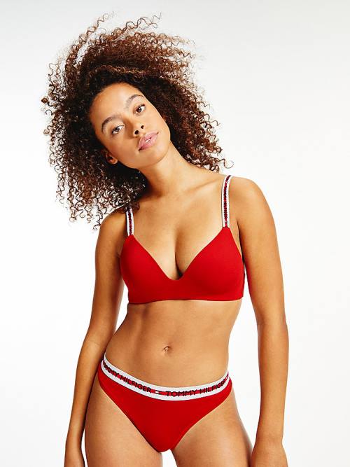 Red Tommy Hilfiger Logo Tape Stretch Thong Women's Underwear | TH302IWT