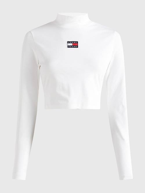 White Tommy Hilfiger Badge Mock Turtleneck Long Sleeve Women's T Shirts | TH541NGO