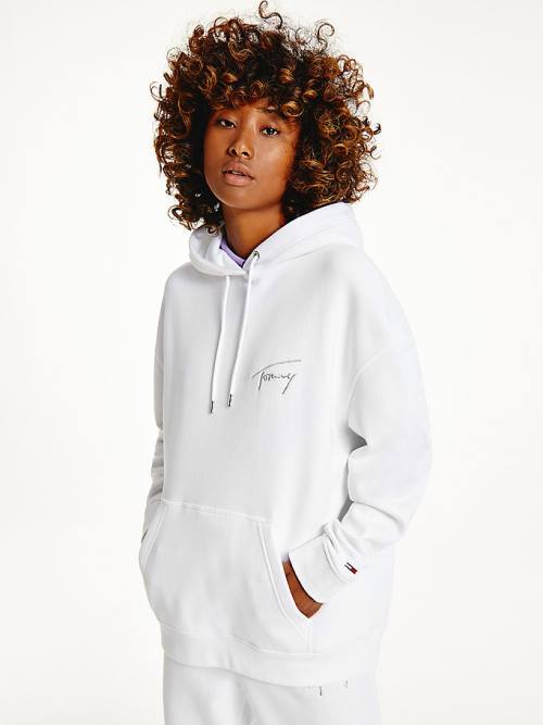 White Tommy Hilfiger Signature Logo Oversized Women\'s Hoodie | TH483JEK