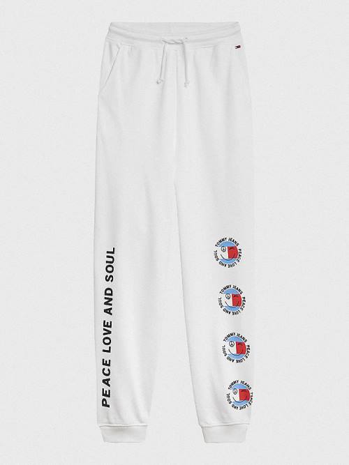 White Tommy Hilfiger Smiley Peace Logo Joggers Women's Pants | TH752LNU