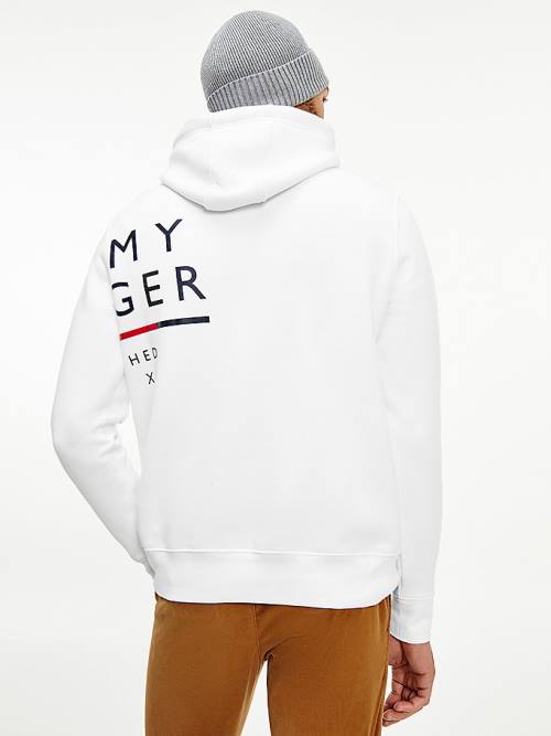 White Tommy Hilfiger Wraparound Logo Fleece Men's Hoodie | TH892OQT